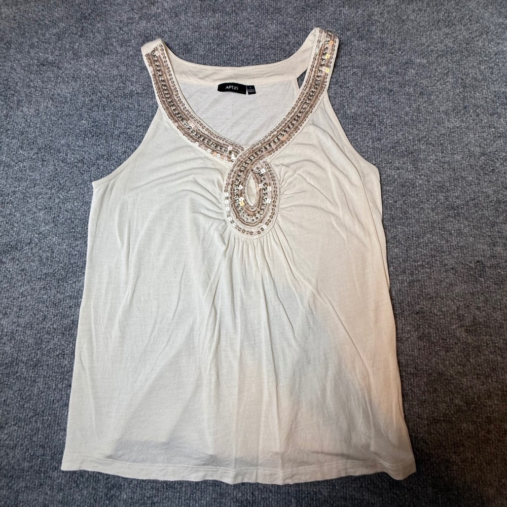 Apt 9 Cream Sequin Embellished Keyhole V-Neck Tank Top Sleeveless Rayon Large